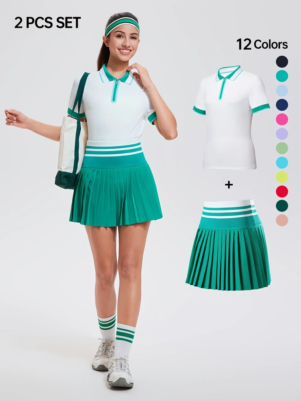 Striped Quarter-Zip Golf Polo and Pocketed Pleated Skort Set