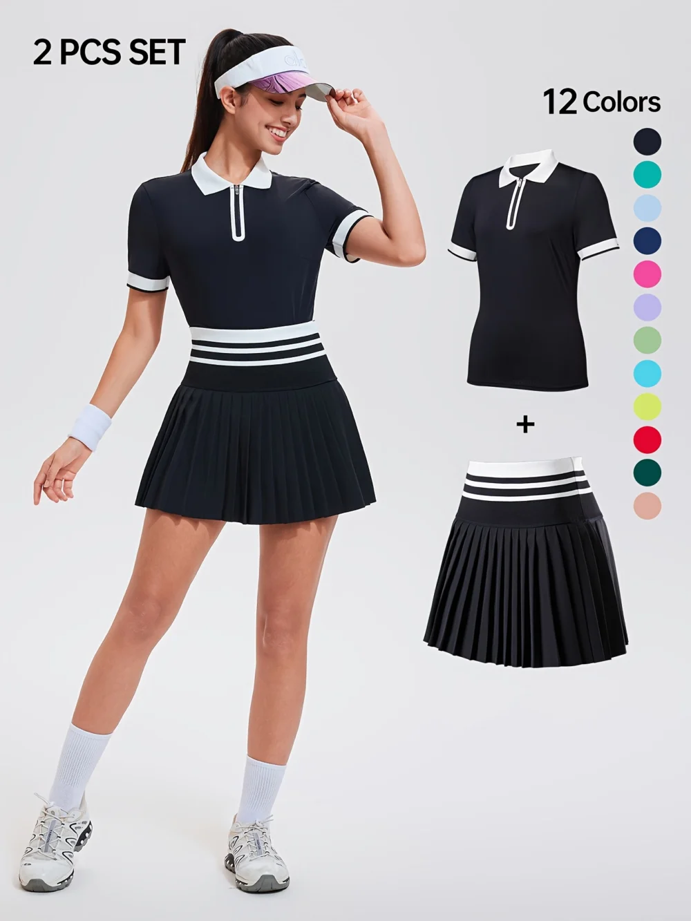 Striped Quarter-Zip Golf Polo and Pocketed Pleated Skort Set