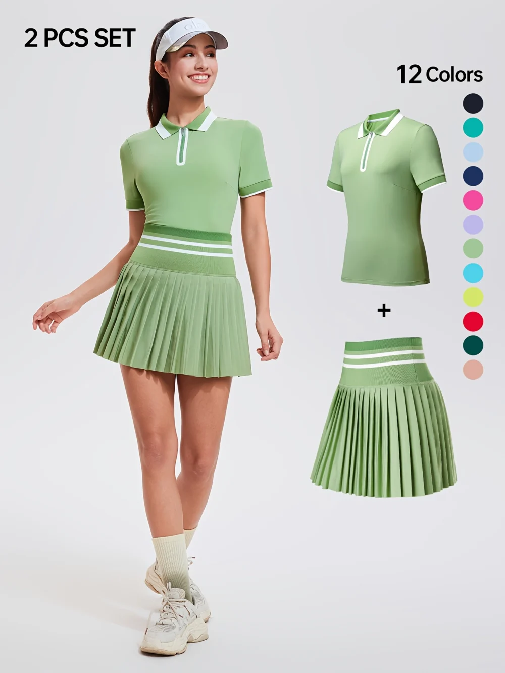 Striped Quarter-Zip Golf Polo and Pocketed Pleated Skort Set