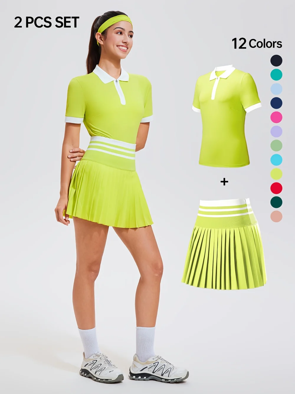 Striped Quarter-Zip Golf Polo and Pocketed Pleated Skort Set