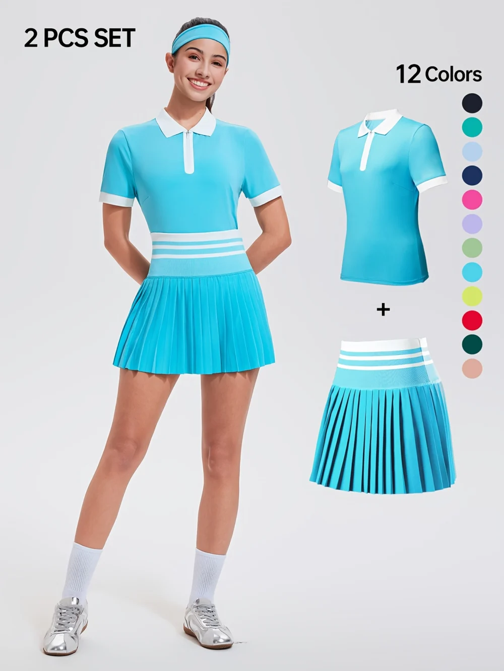 Striped Quarter-Zip Golf Polo and Pocketed Pleated Skort Set