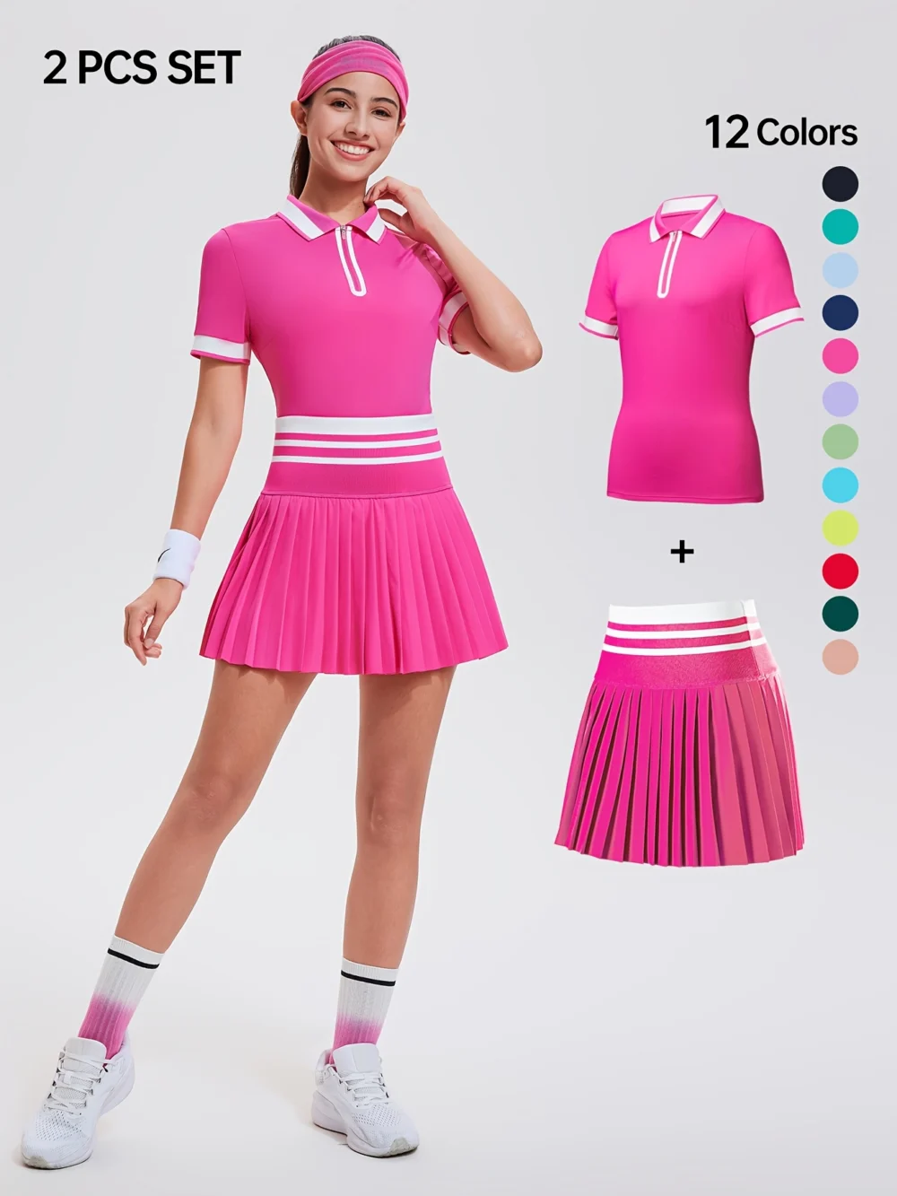 Striped Quarter-Zip Golf Polo and Pocketed Pleated Skort Set