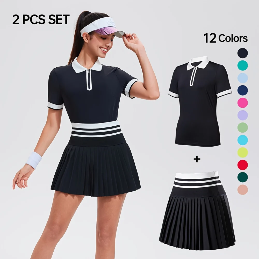 Striped Quarter-Zip Golf Polo and Pocketed Pleated Skort Set