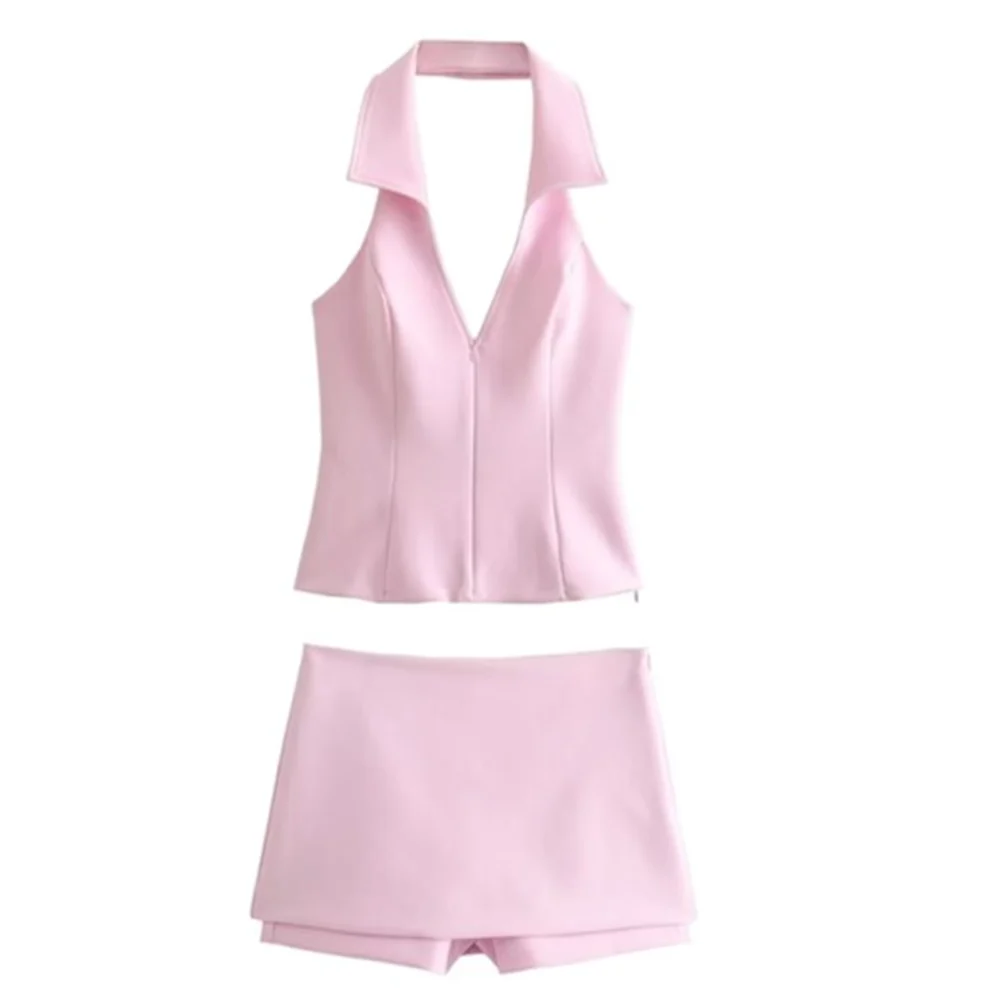 V-Neck Halter Golf Top and Zip-Front Skort Set