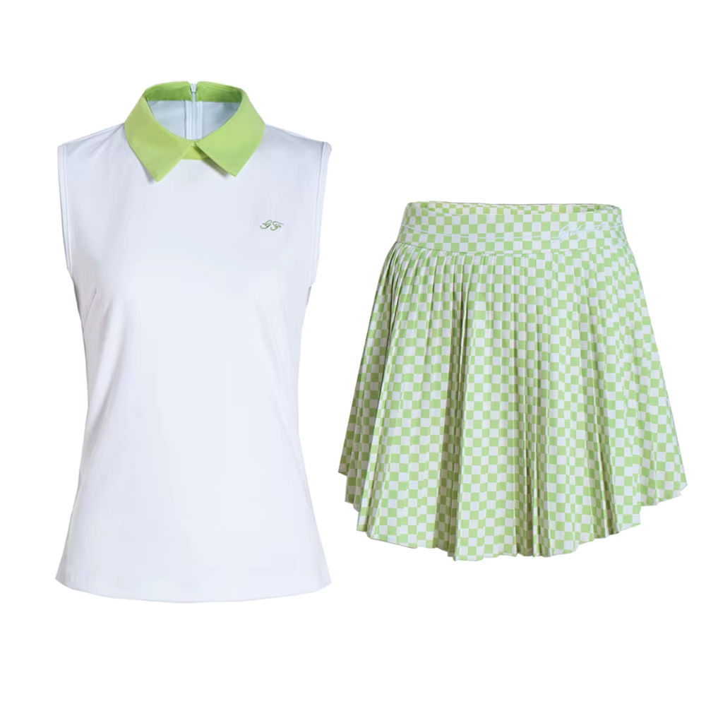Breathable Sleeveless Golf Polo and Green Pleated Skirt Set